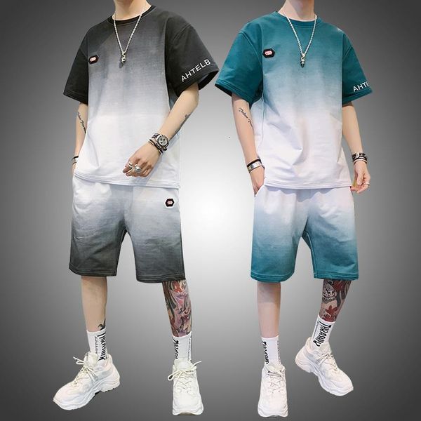 

мужчины устанавливает летняя рубашка с коротким рукавом устанавливает градиент цвет мужчины одежда летняя спортивная осущая 2 шт. набор утро, Gray