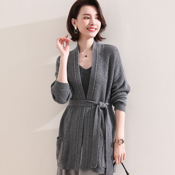 

2021 women's coats 100% pure wool knitted winter sweaters long autumn 3 thick cardigans female cargo jumpers 63sk, White;black