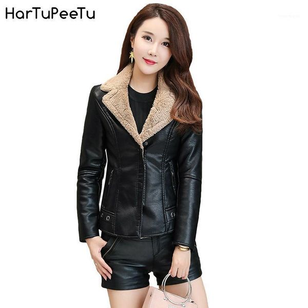 

2020 autumn winter women leather jacket faux fur coat warm plush thicken female slim short outwear biker motorcycle clothes1, Black