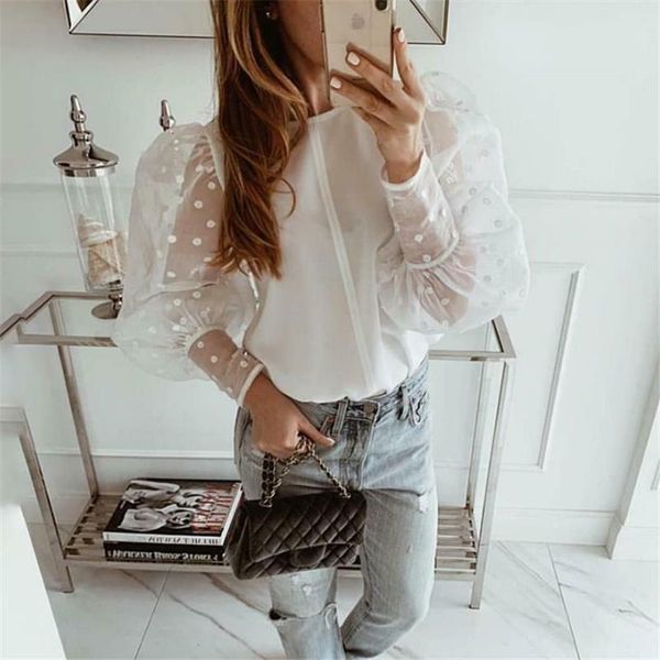 

women mesh sheer blouse see through long sleeve shirt blouse fashion office lace puff sleeve transparent white shirt female blusas