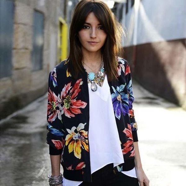 

trendy retro women flower print casual baseball sweatshirt zipper thin bomber jacket long sleeves coat outwear, Black;brown