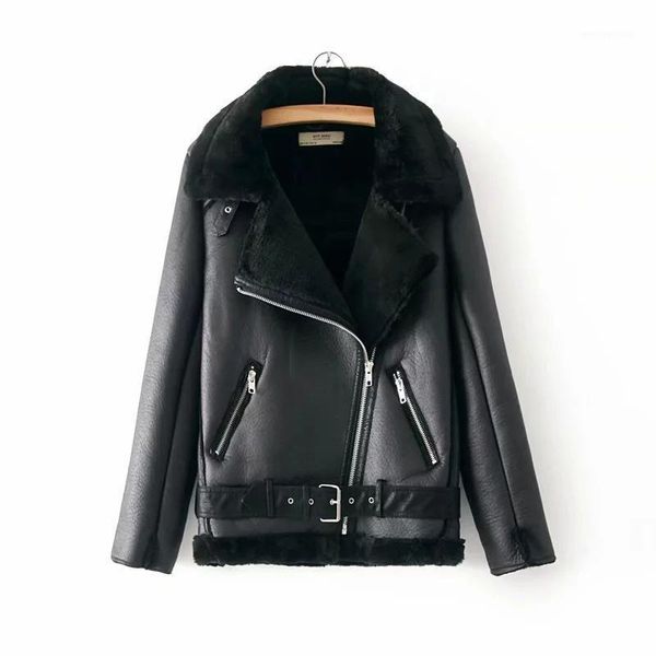 

women's leather & faux 2021 bomber jacket warm women winter motorcycle velvet female short lapels fur thick korean version plus velvet1, Black