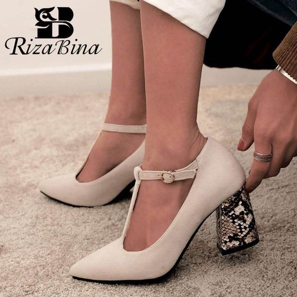 

rizabina plus size 32-46 women pumps t-strap fashion snake print high heels shoes women pointed toe buckle party footwear t200525, Black