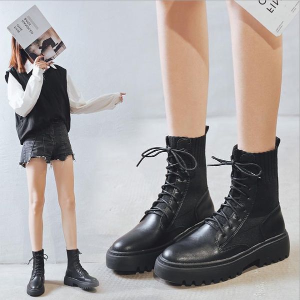 

women platform ladies shoes 2021 microfiber leather boots autumn winter thick sole socks ankle boots for woman motorcycle, Black