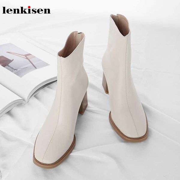 

boots lenkisen brand concise style gentle fairy natural leather square toe high heels sweet beauty lady winter warm ankle l32, Black