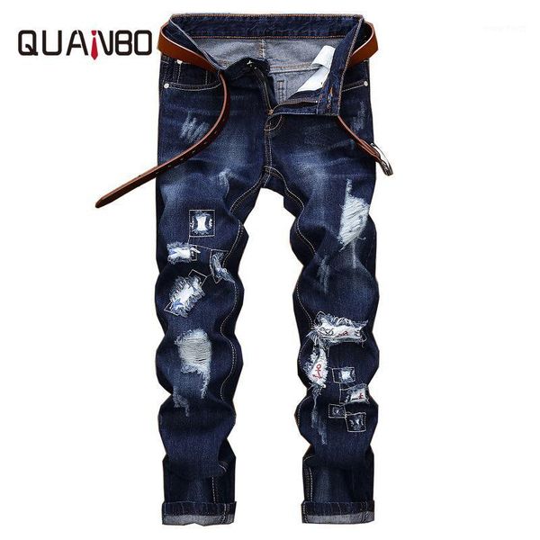 

2018 new spring fashion hole jeans men long trousers embroidered cotton classic straight jeans plus size blue n20401
