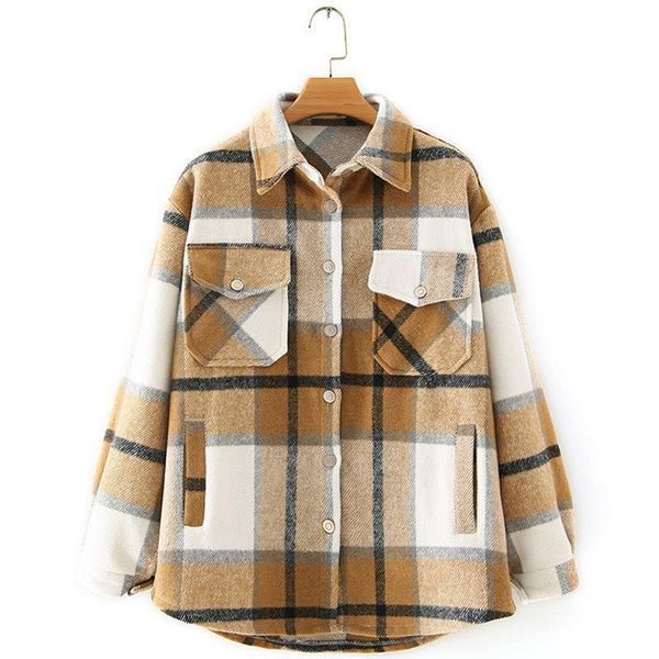 

women's oversized and thickened plaid loose autumn and winter fleece coat down jacket, Black