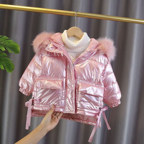 

girls' clothes 2020 new foreign style children's winter light coat baby's bright leather down cotton, Blue;gray