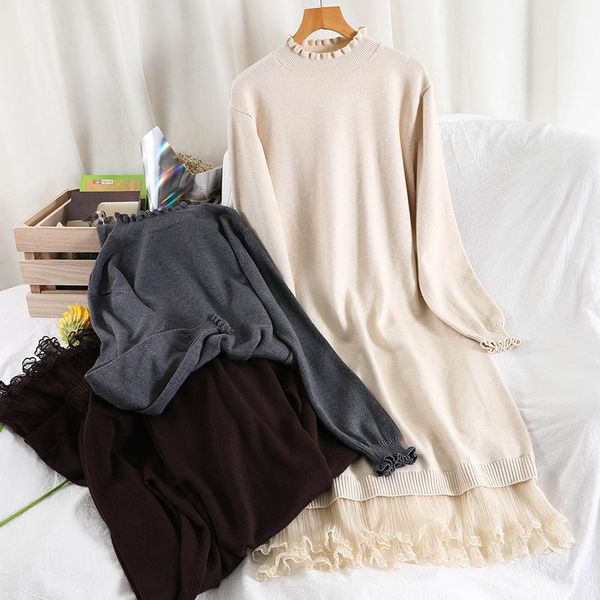 

casual dresses korean style 2021 winter women kintting long dress turtleneck ruffles patchwork basic streetwear sleeve solid sweater, Black;gray