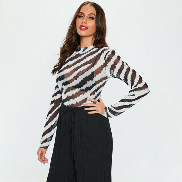 

womens ladies turtle neck sheer mesh long sleeve serpentine bodysuit, Black;white