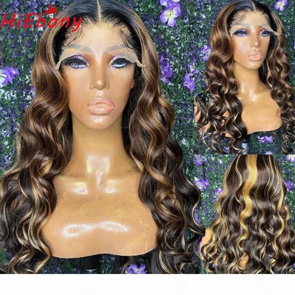 

hiebony remy human hair lace front wigs preplucked 180% full density glueless t type 13x6 lace front wigs highlight, Black;brown