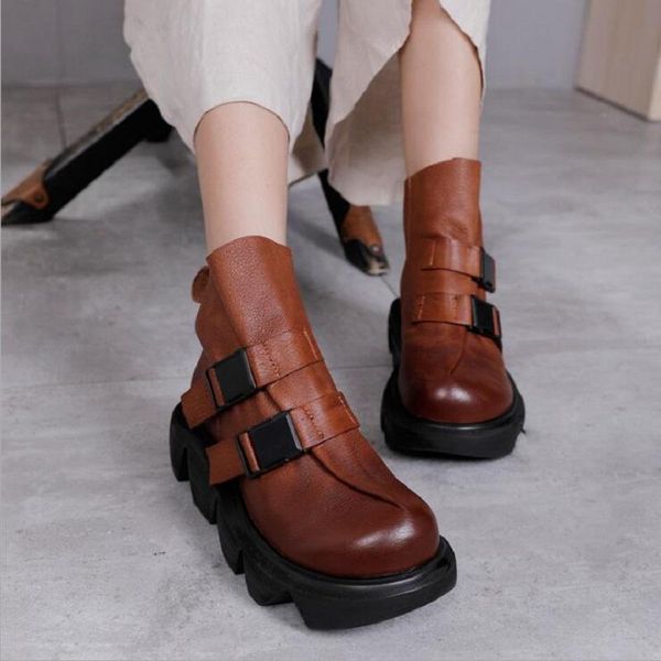 

boots spring autumn retro double buckles genuine leather women short equestrian winter plush ladies ankle motorcycle botas, Black