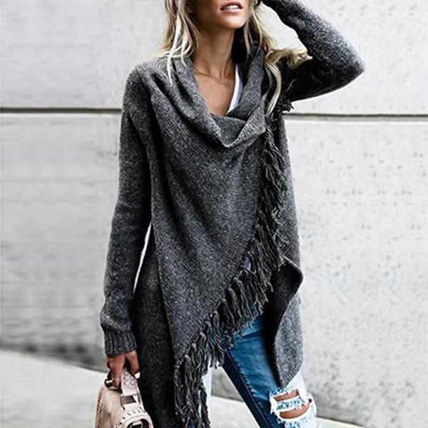 

women's knits & tees female autumn knitted shawl cardigan 2021 fashion elegant irregular tassel sweater casual loose long sleeve knitwe, White