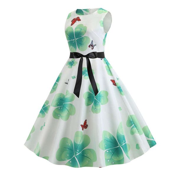 

2020 summer new hepburn style waistband slim print large swing sleeveless dress jr2214, Black;gray