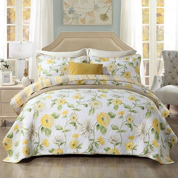 

100% cotton quilting quilts luxury bedcover american floral cotton coverlet embroidery yellow print bedspread 3pcs set king size1