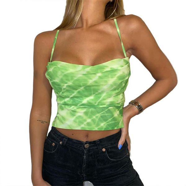

women crop ladies sling open back strreetwear bandage vest camis fashion tie-dye printing strappy camisoles club, White