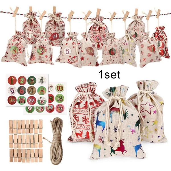 

christmas decorations 24pcs gift bags 10x14cm festival packing linen sacks xmas tree house decor pendant bag rope clip stickers set