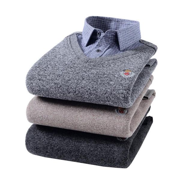 

grade fake two piece warm shirt versatile sweater men's handsome korean knitwear, Black;white