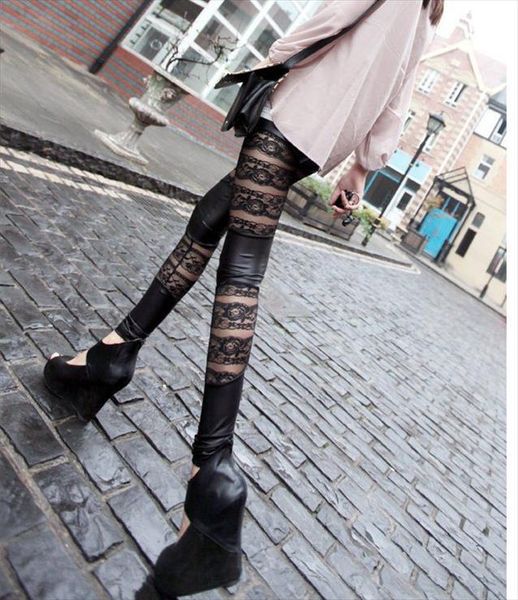 

fashion lace legging slim pencil pant lady floral leather leggings lady floral patchwork legging women autumn spring pants, Black