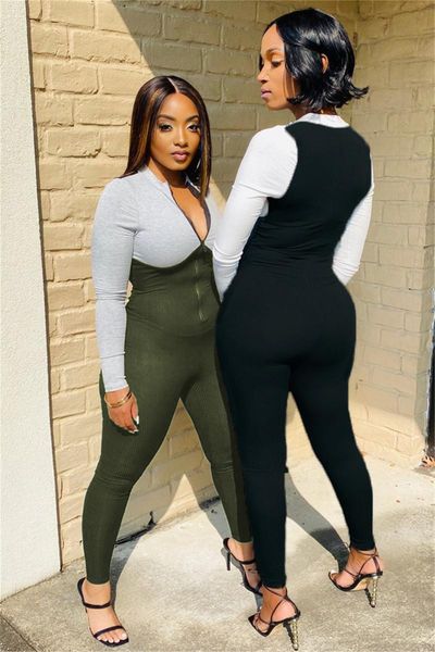 

tmustobe jumpsuit women skinny rompers panelled one piece bodycon zipper jumpsuit club party casual female streetwear womens, Black;white