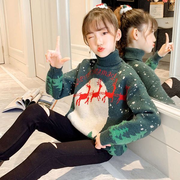 

2020 foreign new girls' christmas sweater sle high collar pullover red plush children's autumn and winter thick knitted bottom shi, Blue