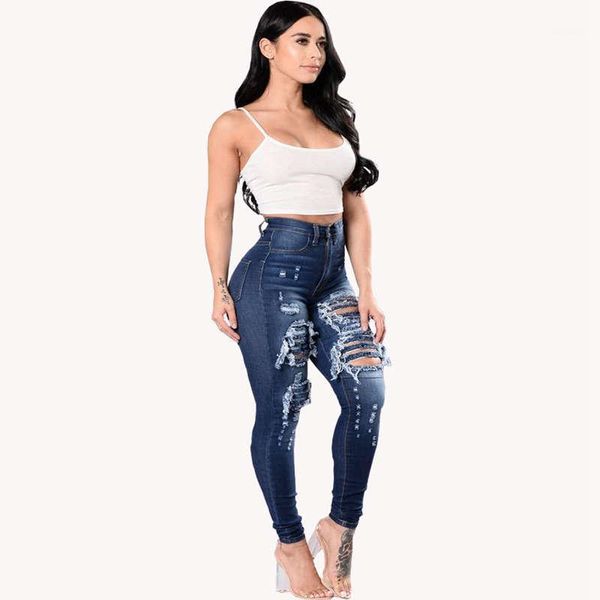 

fashion ripped jeans for women middle high waist slim tassels jeans casual skinny denim cotton hole pencil feet pants1, Blue