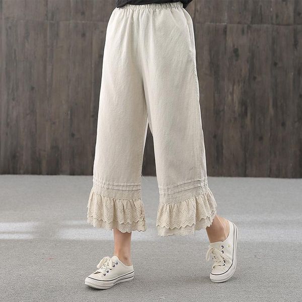 

literature art forest simple cotton linen lace lacing japanese loose wide leg pants women drop shipping, Black;white