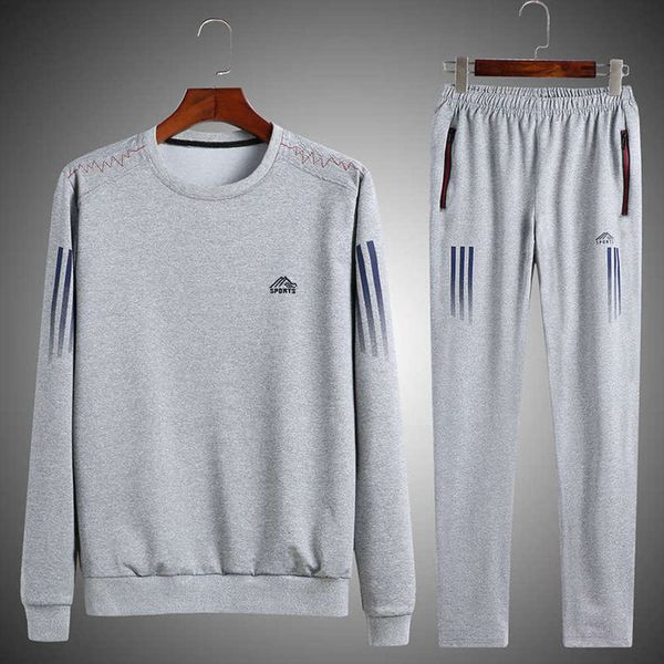 

sports autumn 2020 for the new elderly round neck set three bar sweater two piece men's suit, Gray