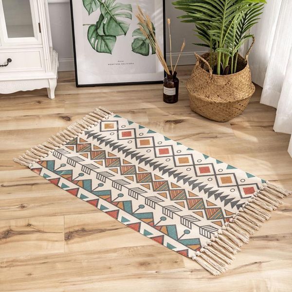 

geometric small knit carpet washable nordic bohemian small area rug cotton hand weaving tassels printed mat for sofa living room1