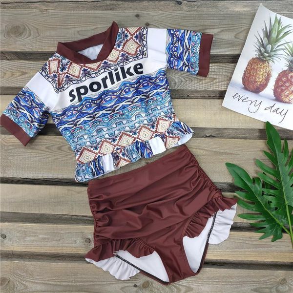 

print ruffled short sleeve bikinis women high waist bathing suit swimwear women swimsuit female maillot de bain femme1, White;black