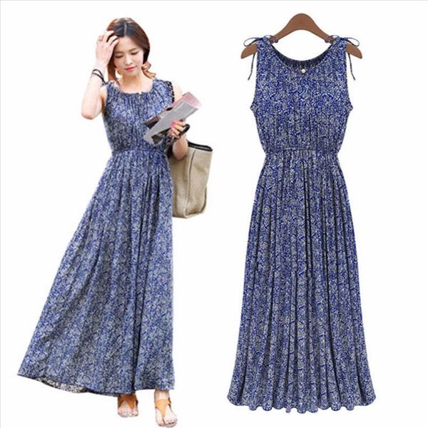 

2020 vintage floral print women summer bohemia sleeveless dresses boho long maxi beach sundress dress vestidos, Black;gray