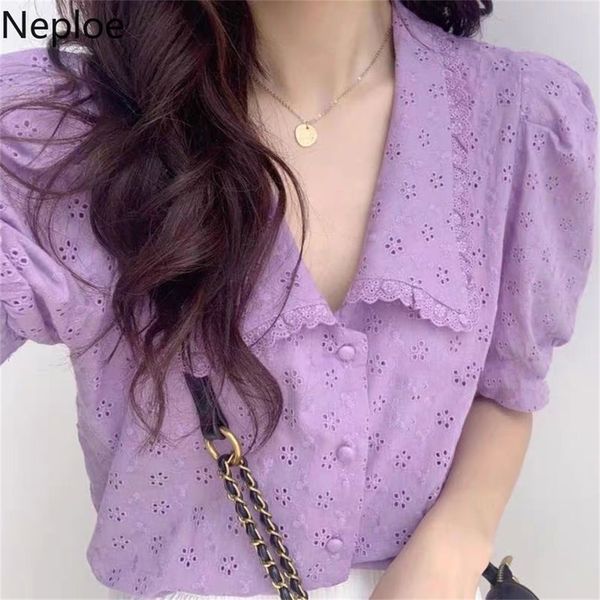 

neploe peter pan collar women chiffon blouse korean hollow-out puff short sleeve shirts summer elegant short blusas lj200810, White