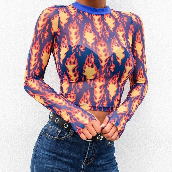 

casual summer transparent mesh t shirt slim crop tees flame print t-shirts for women clothes 2019 short tee, White