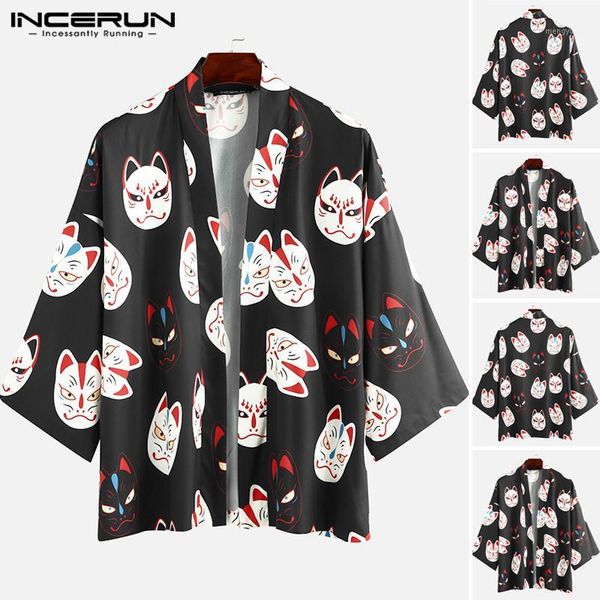 

incerun vintage cat pattern floral cardigan outwear fashion man casual long sleeve printed shirts loose kimono camisa masculina1, White;black