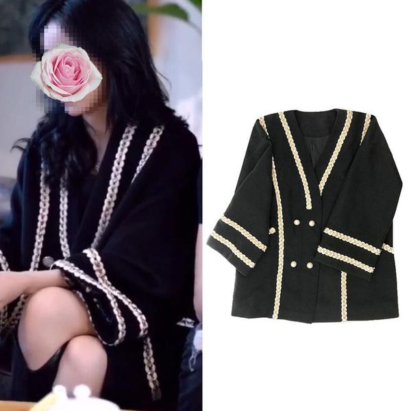 

women's wool & blends winter a lazy cat trill double-breasted with black cotton cord lace long sleeve small sweet wind cloth coat dress