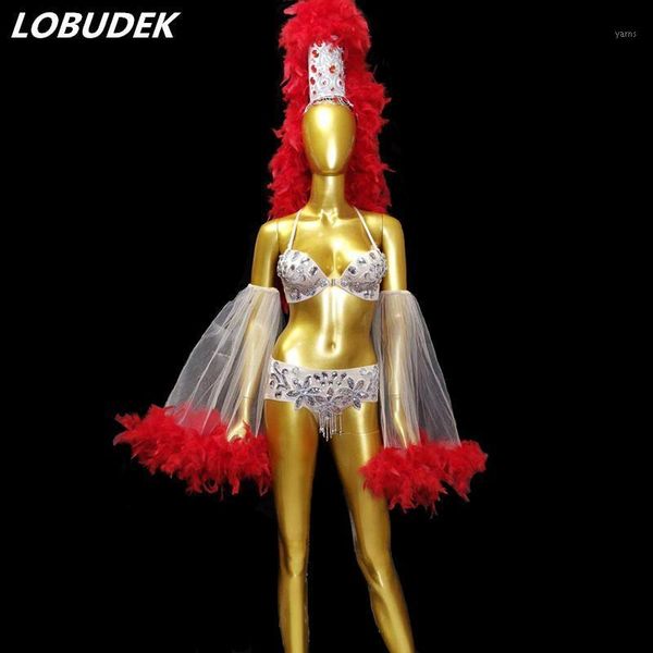 

brazil style lady samba dance stage costumes opening dance performance outfit red feathers headgear crystals bikini set1, Black;red