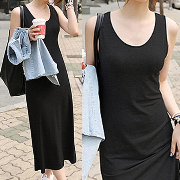 

casual dresses women vest dress summer lady sleeveless pure color maxi fashion female bottoming versatile elegant loose dresses1, Black;gray