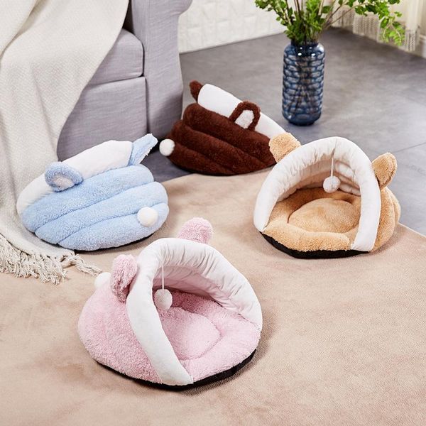

cute ear cat bed kitten house soft fleece with ball warm winter round pet plush bed puppy supplies warm house thick