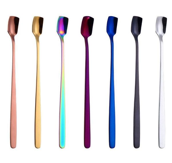 

304 stainless steel square head ice spoons home kitchen supplies long handle coffee dessert gold cocktail stirring scoops dropship bbyrmnl