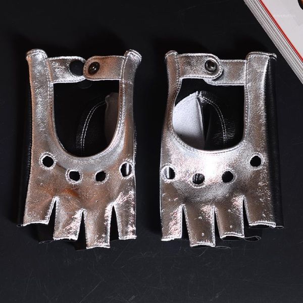 

women' ladies genuine leather unlined double sides leather snap-fastener silver fingerless semi-finger punk rock short gloves1, Blue;gray