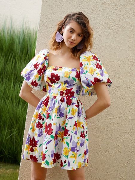 

floral print puff sleeve a-line dress d6sn#, Black;gray