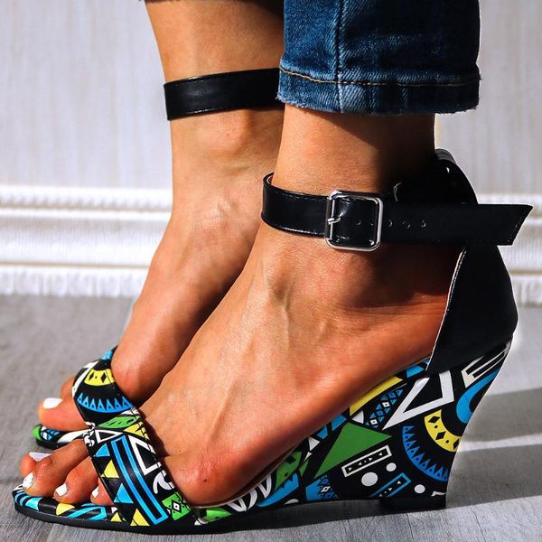 

brand new big size 34-39 printed black wedges high heels sandals summer shoes women painted wedge