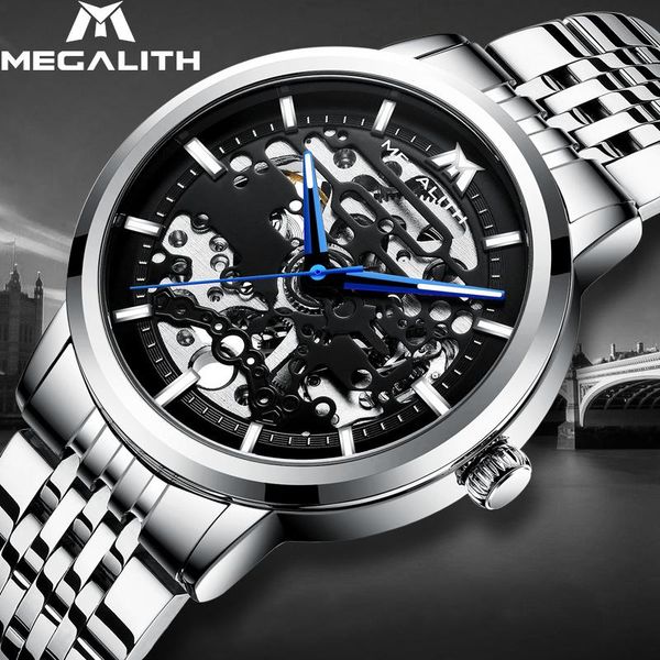 

megalith watch mechanical watch skeleton men luxury stainless steel waterproof luminous matic mechanical watches 2019 sqcmzl, Silver