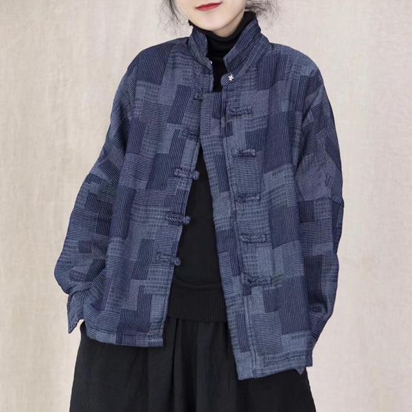 

qpfjqd women retro cotton linen parkas stand collar 2021 winter autumn plaid patchwork warm female button coats long sleeve, Black