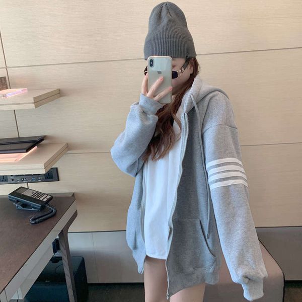 

thickened plush sweater women's new fall / winter loose coat striped foreign style versatile hoodie top, Black
