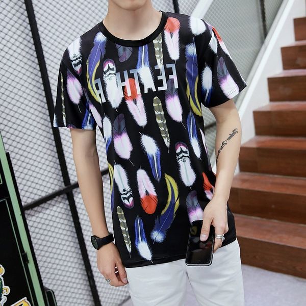 

summer new loose feather d printing men's short sleeve trend personalized t-shirt, White;black
