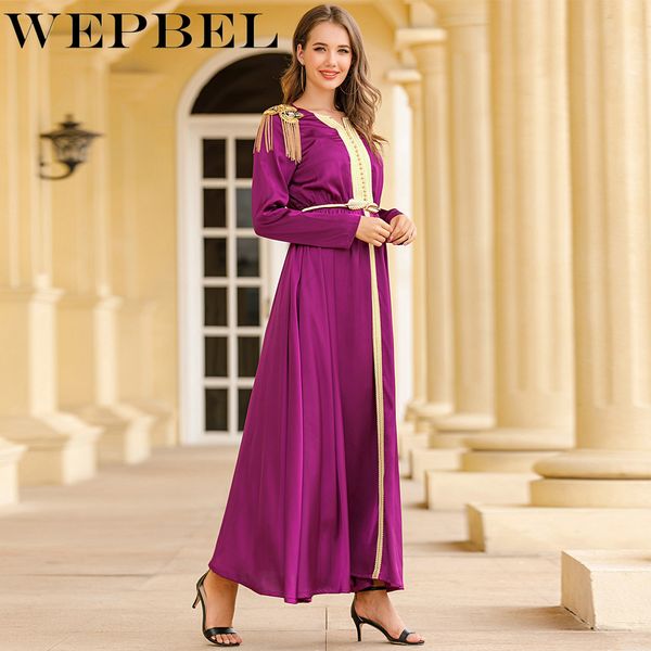 

women's long sleeve dress muslim casual beading tassel epaulet patchwork woven satin floor-length dress robe q1210, Black;gray