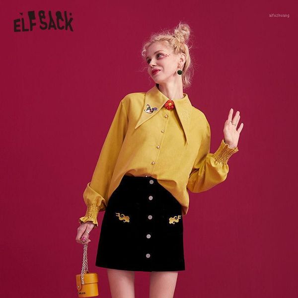 

elfsack yellow mouse printed casual blouse women clothes 2019 green letter embroidery flounce frill sleeve elegant female 1, White