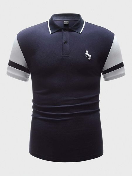 

men colorblock horse embroidery contrast collar polo shirt 45jc#, White;black