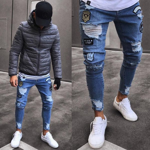 

new men's broken hole embroidered pencil jeans slim men trousers casual thin denim classic cowboys young man jogging, Blue